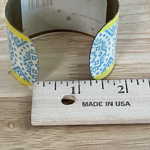 Vintage Brass Enamel Cuff Bracelet Blue Yellow Geometric Boho Modernist 1.5” - Picture 6 of 10